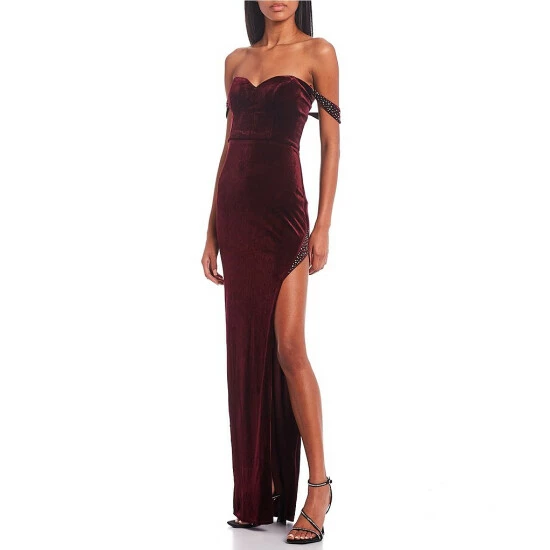 Top 10 β¨ City Vibe Off-The-Shoulder Rhinestone Side Slit Long π Dress Burgundy π