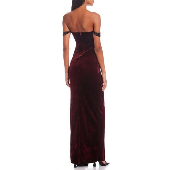 Top 10 β¨ City Vibe Off-The-Shoulder Rhinestone Side Slit Long π Dress Burgundy π - Image 2