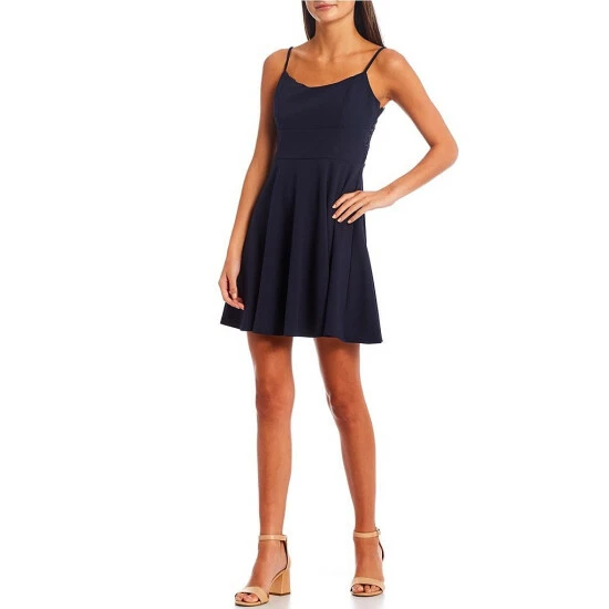 Deals π City Vibe Spaghetti Strap Round Neck Lace Back Scuba Crepe Fit-and-Flare π Dress Navy π - Image 4