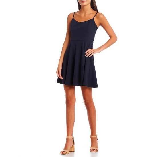 Deals π City Vibe Spaghetti Strap Round Neck Lace Back Scuba Crepe Fit-and-Flare π Dress Navy π - Image 6