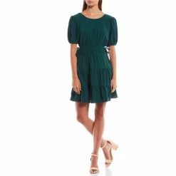 Promo ✨ City Vibe Short Sleeve Smocked Waist Fit-And-Flare 👗 Dress Hunter Green 🔥