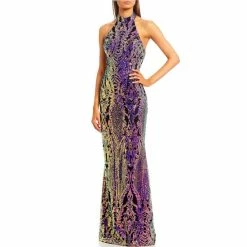 New 😀 City Vibe Sleevless High Neck Pattern Sequin Slim Long 👗 Dress Black/pink/blue 👏