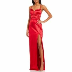 Discount 🌟 City Vibe Sleeveless Inset Deep V-Neck Lace-Up Back Slit Hem Long Satin 👗 Dress Crimson 🌟