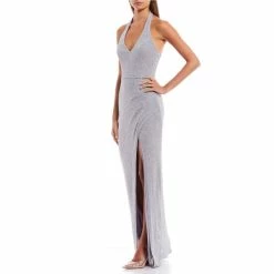 Cheapest ❤️ City Vibe Halter-Neck Glitter-Knit Faux-Wrap Long 👗 Dress Steel 💯