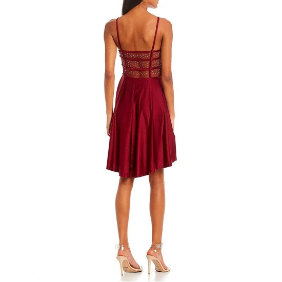 Best Sale β€οΈ City Vibe Square Neck Illusion Rhinestone Back Detail Fit-And-Flare π Dress Cabernet 𧨠- Image 2