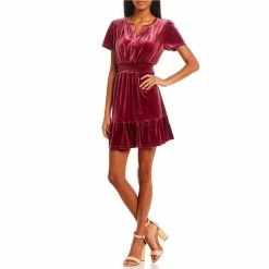 Coupon 🎁 City Vibe Velvet Smocked Waist Skater 👗 Dress Wine 👏