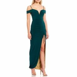 Outlet 🧨 City Vibe Deep V-Neck Side Slit Long 👗 Dress Hunter/gold 🎉