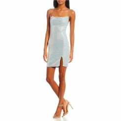 New ⌛ City Vibe Sleeveless Cowlneck Sequin-Embellished Metallic-Knit Sheath 👗 Dress Sky Blue 👍
