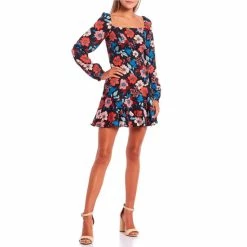 Brand new 😍 City Vibe Long Sleeve Square Neck Floral 👗 Dress Black/teal 👏