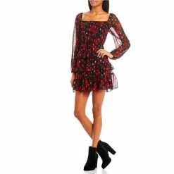 Cheap 😉 City Vibe Long Sleeve Square Neck Tiered Ruffle Fit-And-Flare 👗 Dress Black/red 🔔