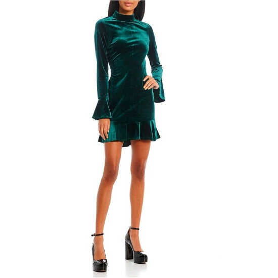 Best reviews of β City Vibe Long Sleeve Mock Neck Ruffle Hem Fit-And-Flare Velvet π Dress Pine Green π