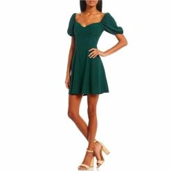 Wholesale 🔔 City Vibe Short Puff Sleeve Skater 👗 Dress Green 🔔
