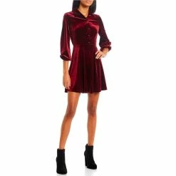 Outlet 😉 City Vibe Collared Long Sleeve Fit-And-Flare Velvet Button Up 👗 Dress Burgundy 🔥