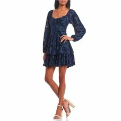 Cheap π City Vibe Floral Burnout Long Sleeve Double Tier π Dress Navy π