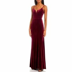 Deals 👍 City Vibe Spaghetti Strap Notch V-Neck Slim Velvet Long 👗 Dress Wine 🛒
