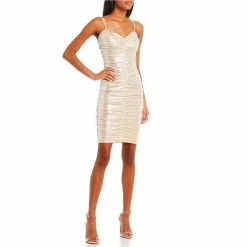 Hot Sale 🤩 City Vibe Sweetheart Neck Foil Knit Ruched Midi 👗 Dress Tan/silver 🔥