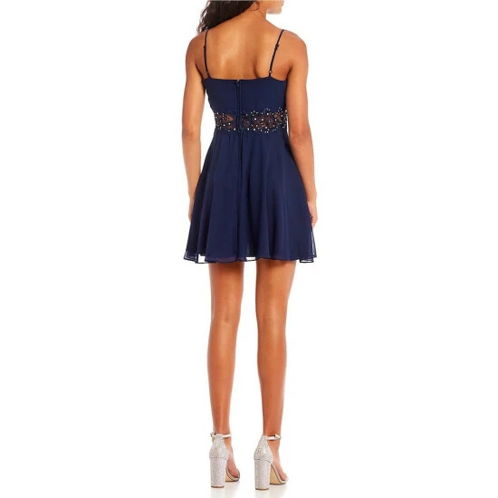 Budget π City Vibe Embellished Illusion Waist Chiffon π Dress Classic Blue π - Image 3