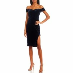 Cheap ✔️ City Vibe Off-The-Shoulder Thigh Slit Velvet 👗 Dress Navy ⭐