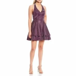 Hot Sale 😉 City Vibe Halter-Neck Fit-And-Flare 👗 Dress Purple 😉