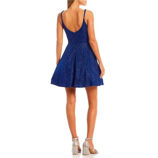 Outlet π₯° City Vibe Sleeveless Peekaboo Front Glitter Knit Pleated Fit-And-Flare π Dress Royal Blue π - Image 2