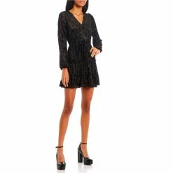 Cheapest 🌟 City Vibe Long Sleeve V-Neck Fit-And-Flare Waist Tie Tiered Ruffle 👗 Dress Black 💯