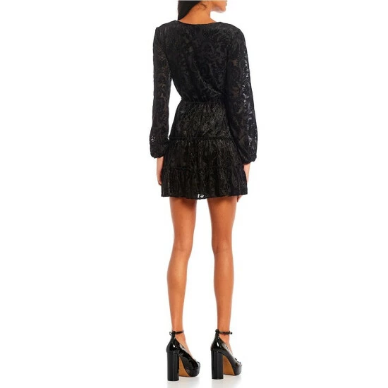 Cheapest π City Vibe Long Sleeve V-Neck Fit-And-Flare Waist Tie Tiered Ruffle π Dress Black π― - Image 2