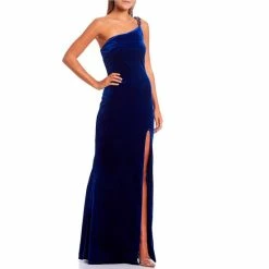 Discount 🌟 City Vibe One Shoulder Rhinestone Chain Trim Front Slit 👗 Dress Royal Blue ⌛