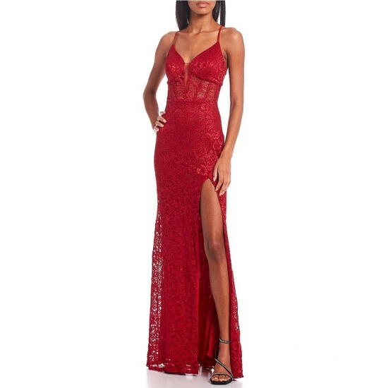 Discount β€οΈ City Vibe Spaghetti Strap Glitter Lace Corset Deep V-Neck Top Side Slit Fitted Long π Dress Red π