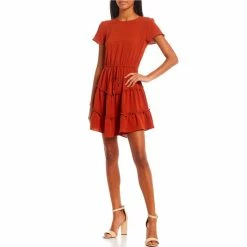 Best Pirce 👏 City Vibe Tie Front Tiered Skater 👗 Dress Rust 😉