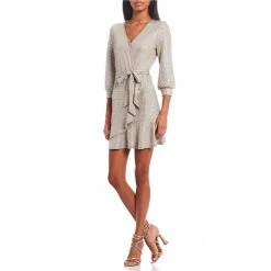 Wholesale 👏 City Vibe Lurex Knit Sequin V-Neck Waist Tie Wrap 👗 Dress Grey/gold 😍