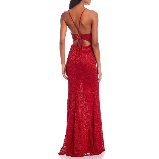Discount β€οΈ City Vibe Spaghetti Strap Glitter Lace Corset Deep V-Neck Top Side Slit Fitted Long π Dress Red π - Image 2