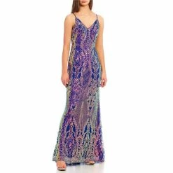 Wholesale 🌟 City Vibe Spaghetti Strap V-Neck Iridescent-Sequin-Patterned-Knit Long 👗 Dress Royal Blue 👍