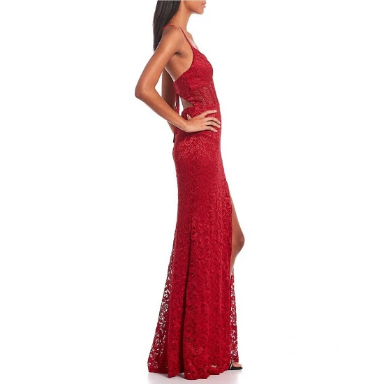 Discount β€οΈ City Vibe Spaghetti Strap Glitter Lace Corset Deep V-Neck Top Side Slit Fitted Long π Dress Red π - Image 3