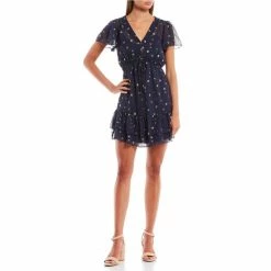 Buy ✨ City Vibe Long Sleeve Printed Fit-And-Flare 👗 Dress Navy/gold 🔥