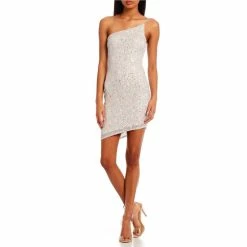 Discount 😍 City Vibe One-Shoulder Rainbow Sequin-Embellished Asymmetric Hem Sheath 👗 Dress Ivory Multi 👍