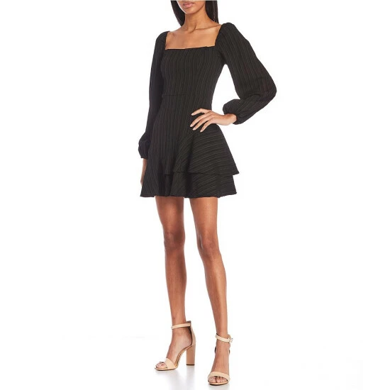 Hot Sale π City Vibe Long Sleeve Square Neck Double Flounce Hem Textured Stripe π Dress β