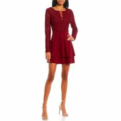 Discount π City Vibe Long Sleeve Fit-And-Flare Double Hem Lace Bodice π Dress Dark Wine π
