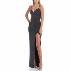 New ✔️ City Vibe V-Neck Side Slit Glitter Knit Long 👗 Dress Black Combo Multi ✨