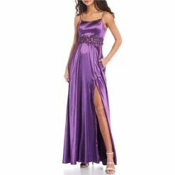 New 🥰 City Vibe Spaghetti Strap Embroidered Illusion Waist Side Slit Satin Long 👗 Dress Dark Purple ✔️