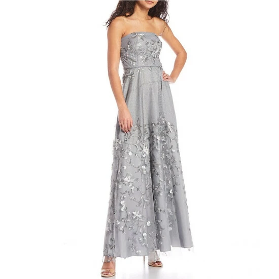 Budget π City Vibe Strapless Lace-Up Back Embellished Floral Mesh Overlay Long π Dress Grey π§¨