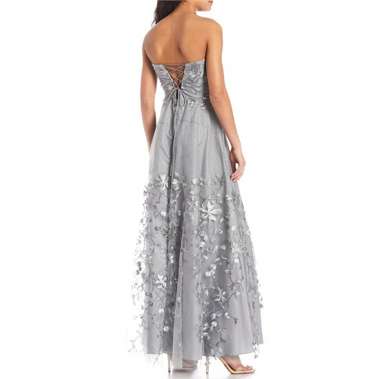 Budget π City Vibe Strapless Lace-Up Back Embellished Floral Mesh Overlay Long π Dress Grey 𧨠- Image 2
