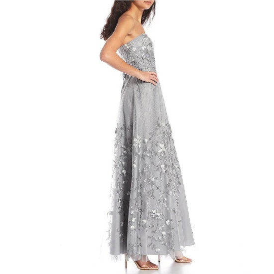 Budget π City Vibe Strapless Lace-Up Back Embellished Floral Mesh Overlay Long π Dress Grey 𧨠- Image 3