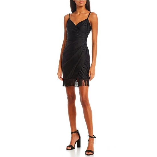 Wholesale π City Vibe V-Neck Sleeveless Fringe Hem Wrap π Dress Black π₯