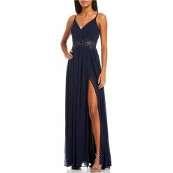 Coupon π City Vibe Sleeveless Embellished-Waist Slit Hem Long Pleated Ball Gown Dark Navy π―