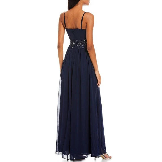 Coupon π City Vibe Sleeveless Embellished-Waist Slit Hem Long Pleated Ball Gown Dark Navy π― - Image 2