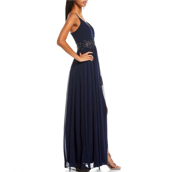 Coupon π City Vibe Sleeveless Embellished-Waist Slit Hem Long Pleated Ball Gown Dark Navy π― - Image 3