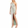 Budget 🌟 City Vibe Y-Neck Side Ruched Metallic Sequin Slit Hem Long 👗 Dress Sage/silver 👍