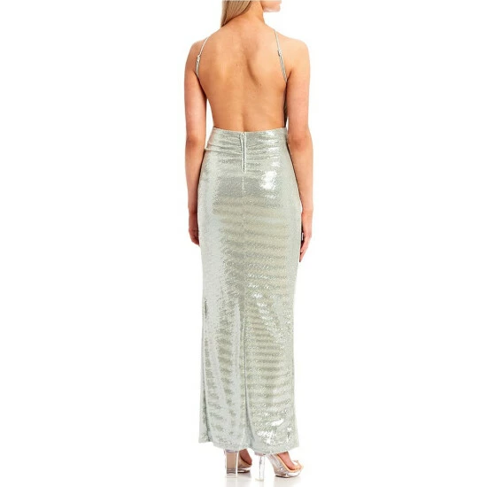 Budget π City Vibe Y-Neck Side Ruched Metallic Sequin Slit Hem Long π Dress Sage/silver π - Image 3