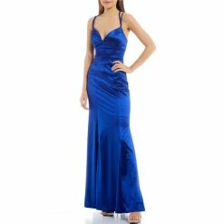 Best Sale 🌟 City Vibe Double Spaghetti-Strap X-Back Satin Power Stretch Trumpet Long 👗 Dress Royal Blue 💯