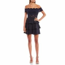 Best Pirce 🌟 City Vibe Cold-Shoulder Lace/Scuba Fit-And-Flare 👗 Dress Navy 🧨
